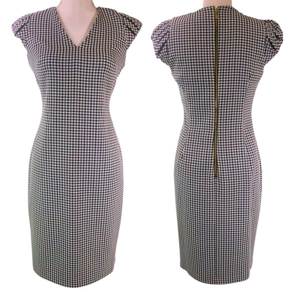 Calvin Klein Sheath Dress Super Stretchy Black & White Gingham Puffy Cap Sleeve - Picture 3 of 8
